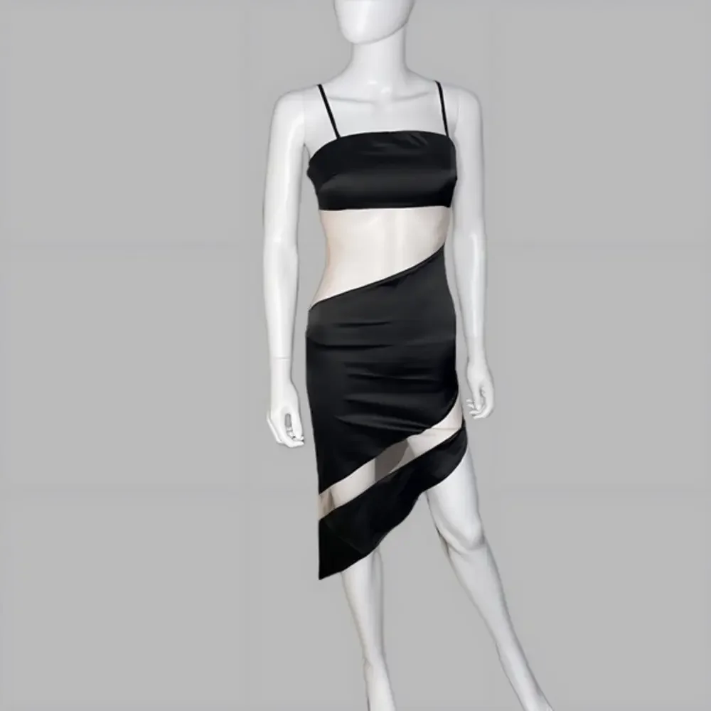 Black Body Con Asymmetrical Dress‎ With Nude Mesh Cutout